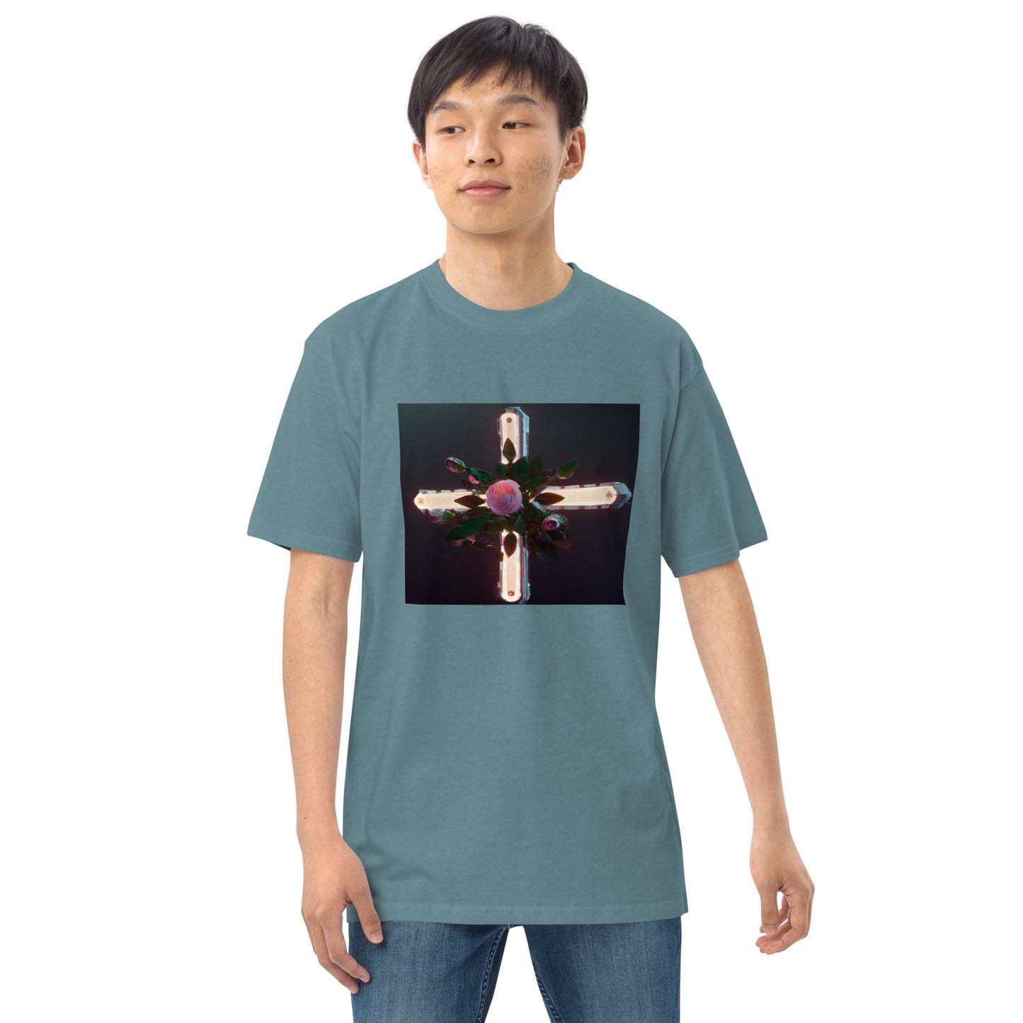 3D Rose Cross- Men’s premium heavyweight tee