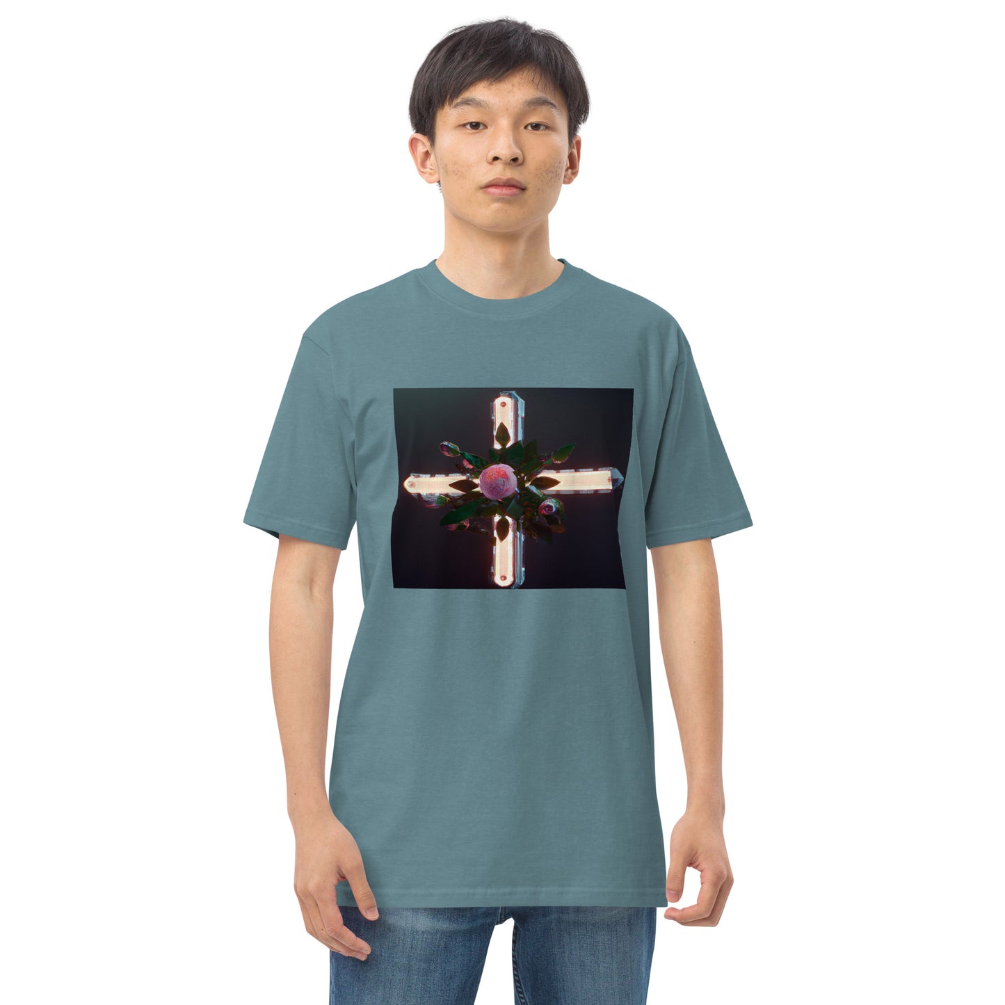 3D Rose Cross- Men’s premium heavyweight tee