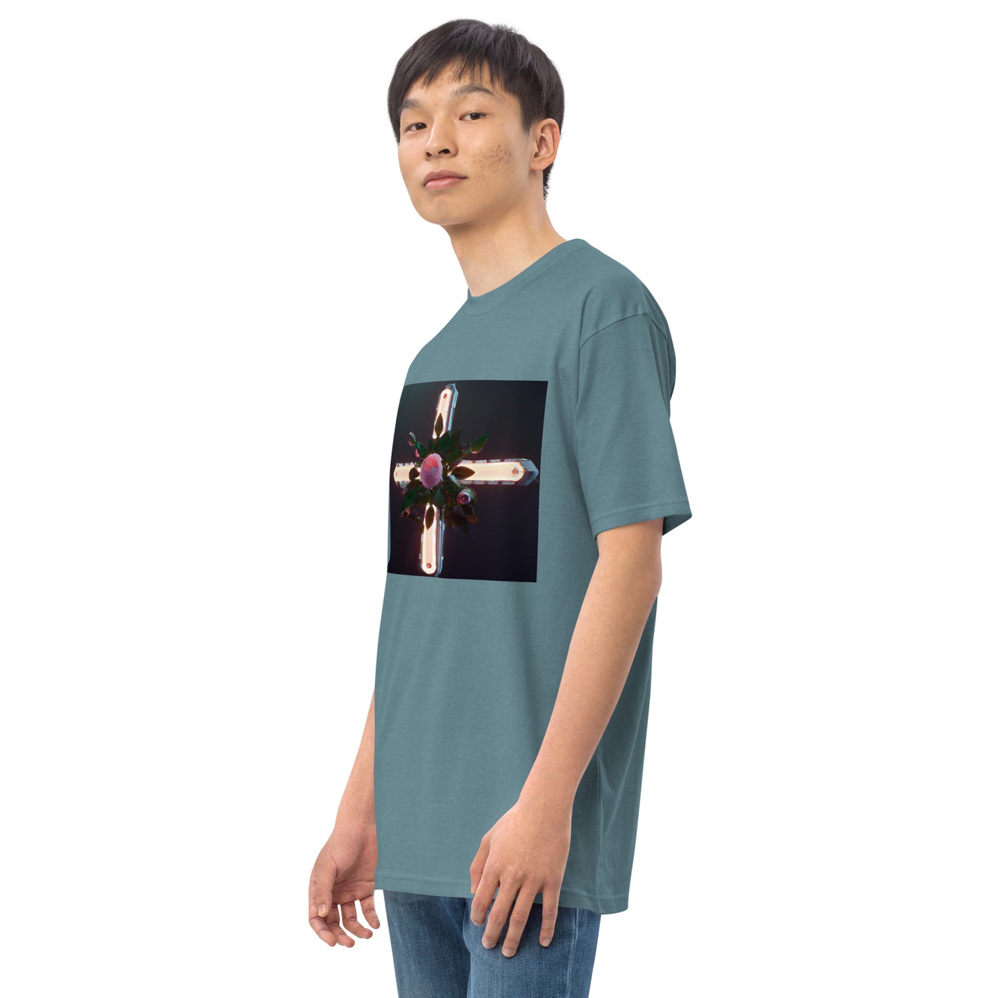 3D Rose Cross- Men’s premium heavyweight tee