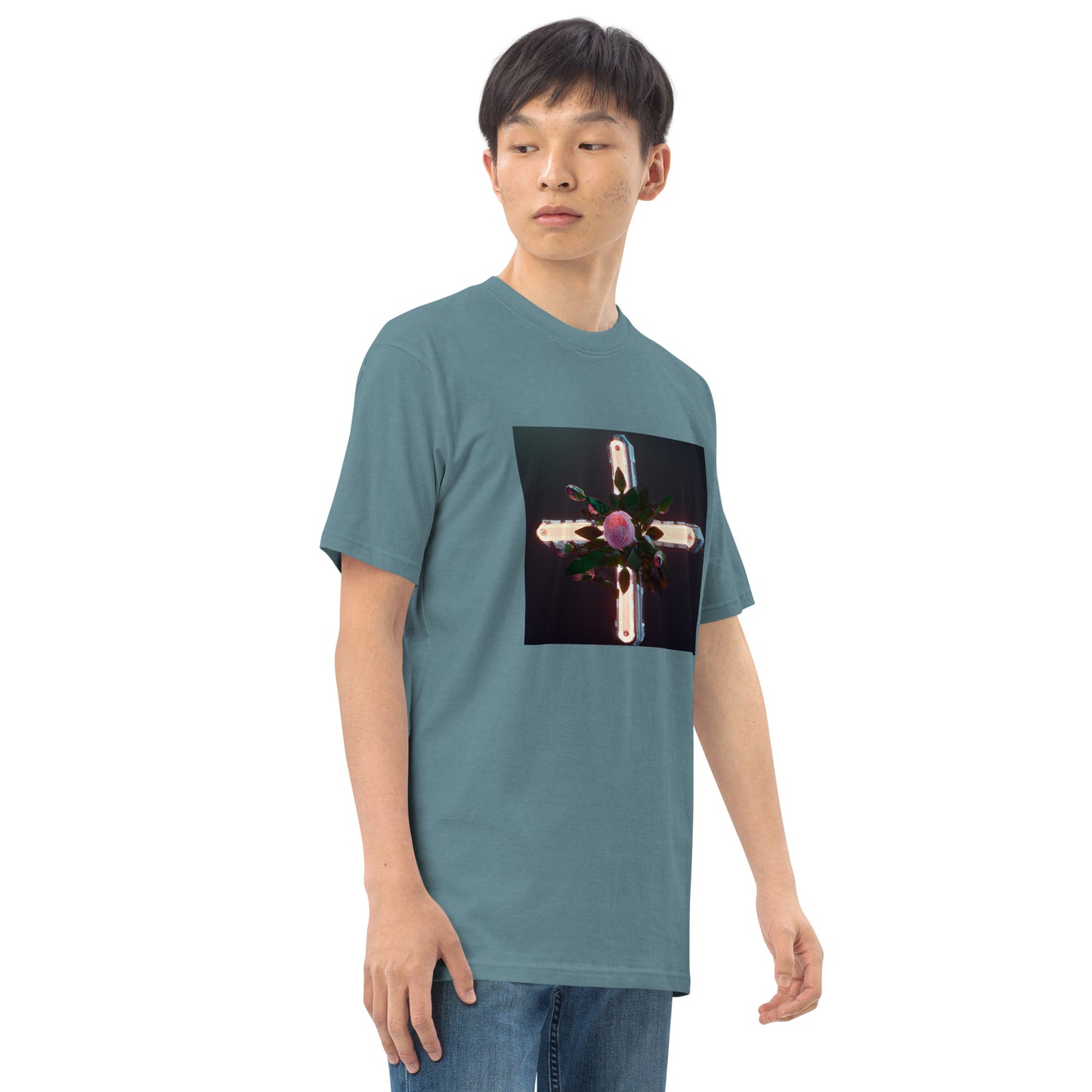 3D Rose Cross- Men’s premium heavyweight tee