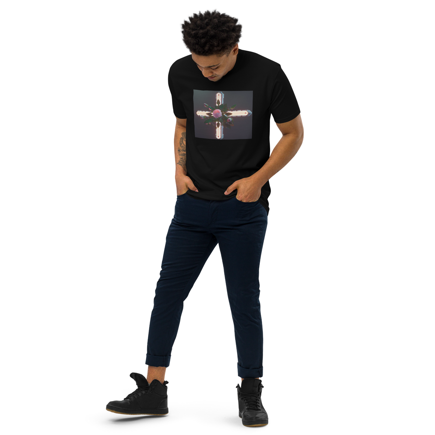 3D Rose Cross- Men’s premium heavyweight tee