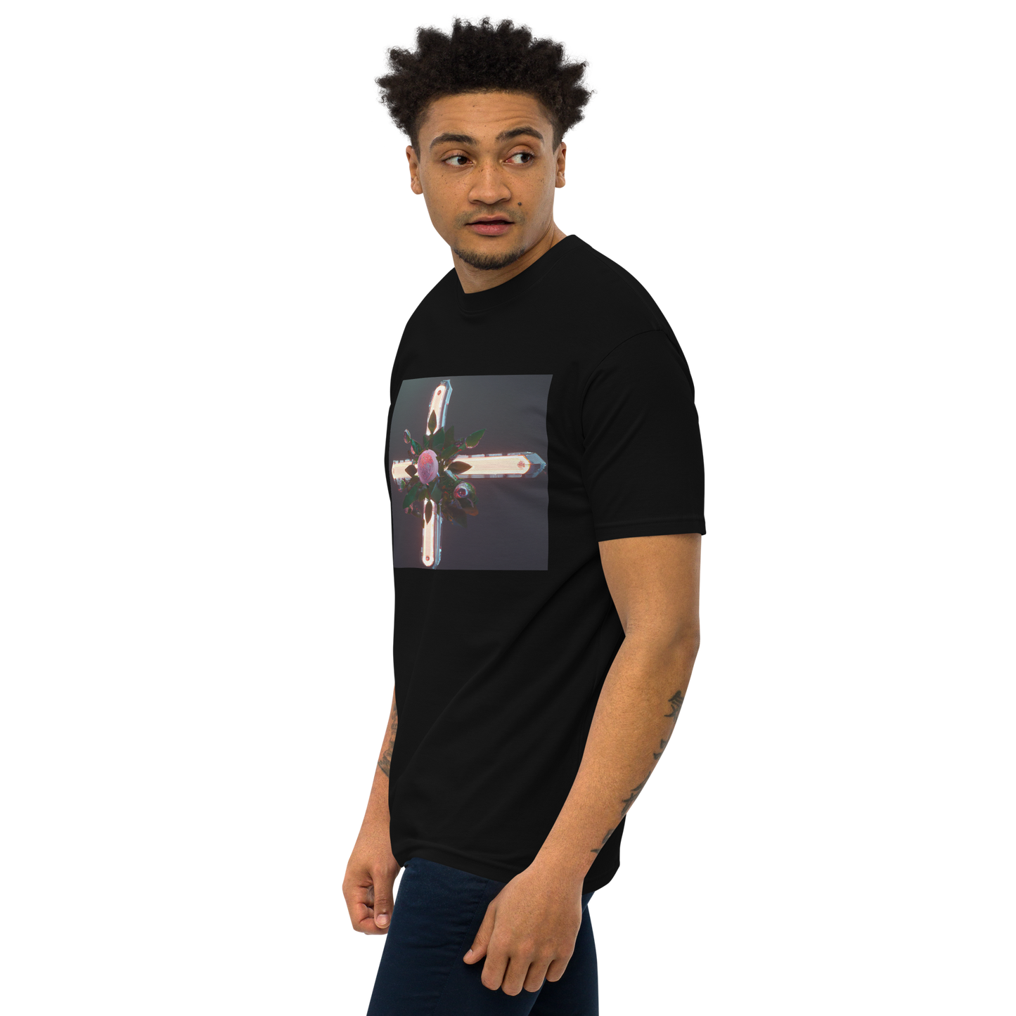 3D Rose Cross- Men’s premium heavyweight tee