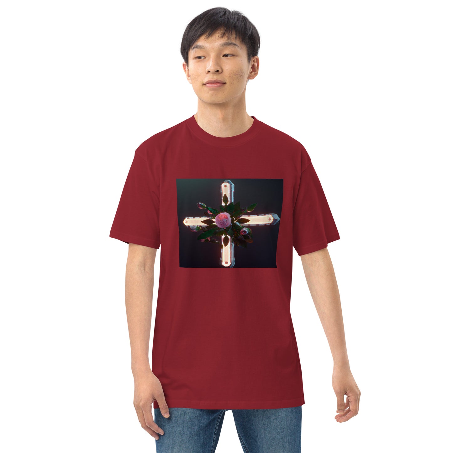 3D Rose Cross- Men’s premium heavyweight tee