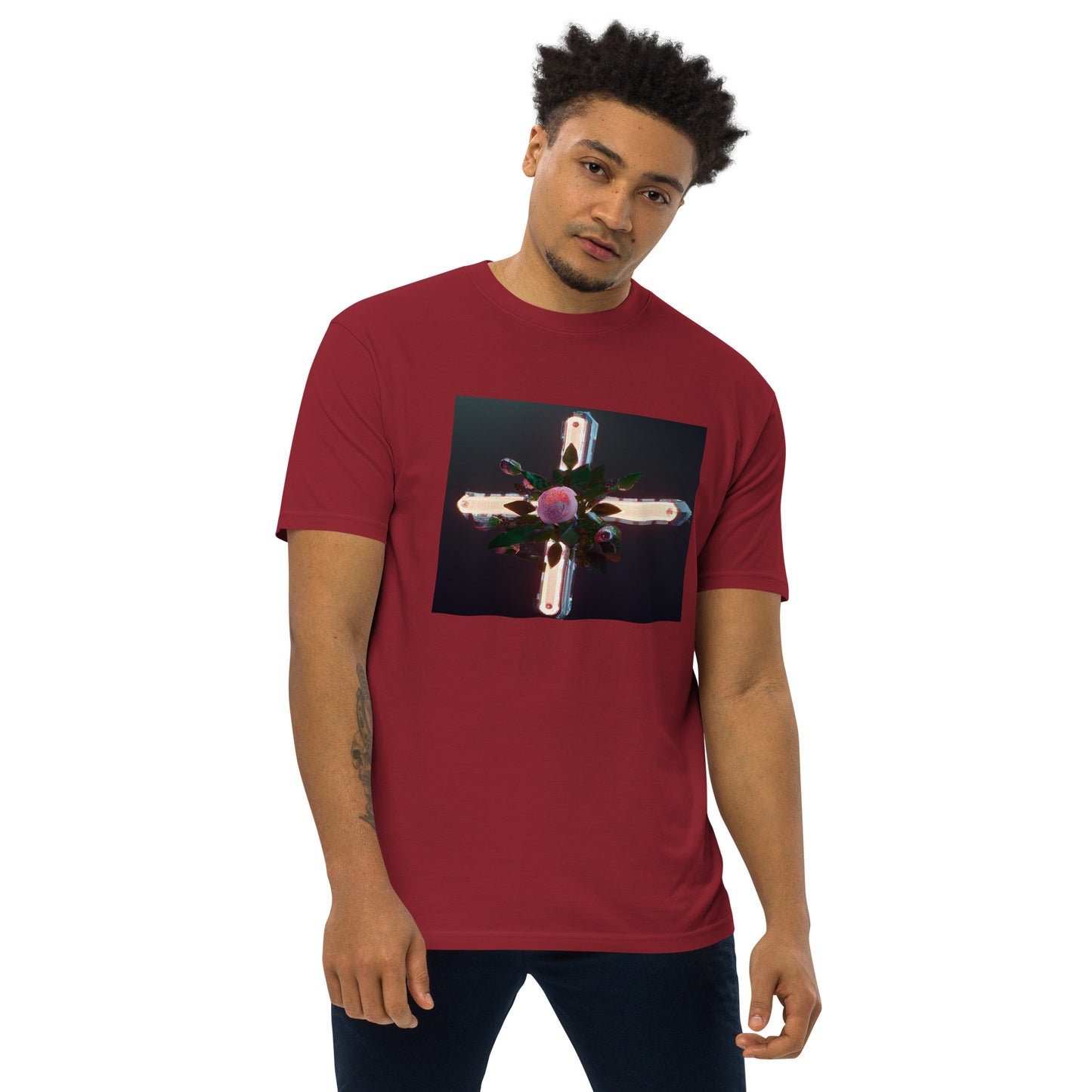 3D Rose Cross- Men’s premium heavyweight tee