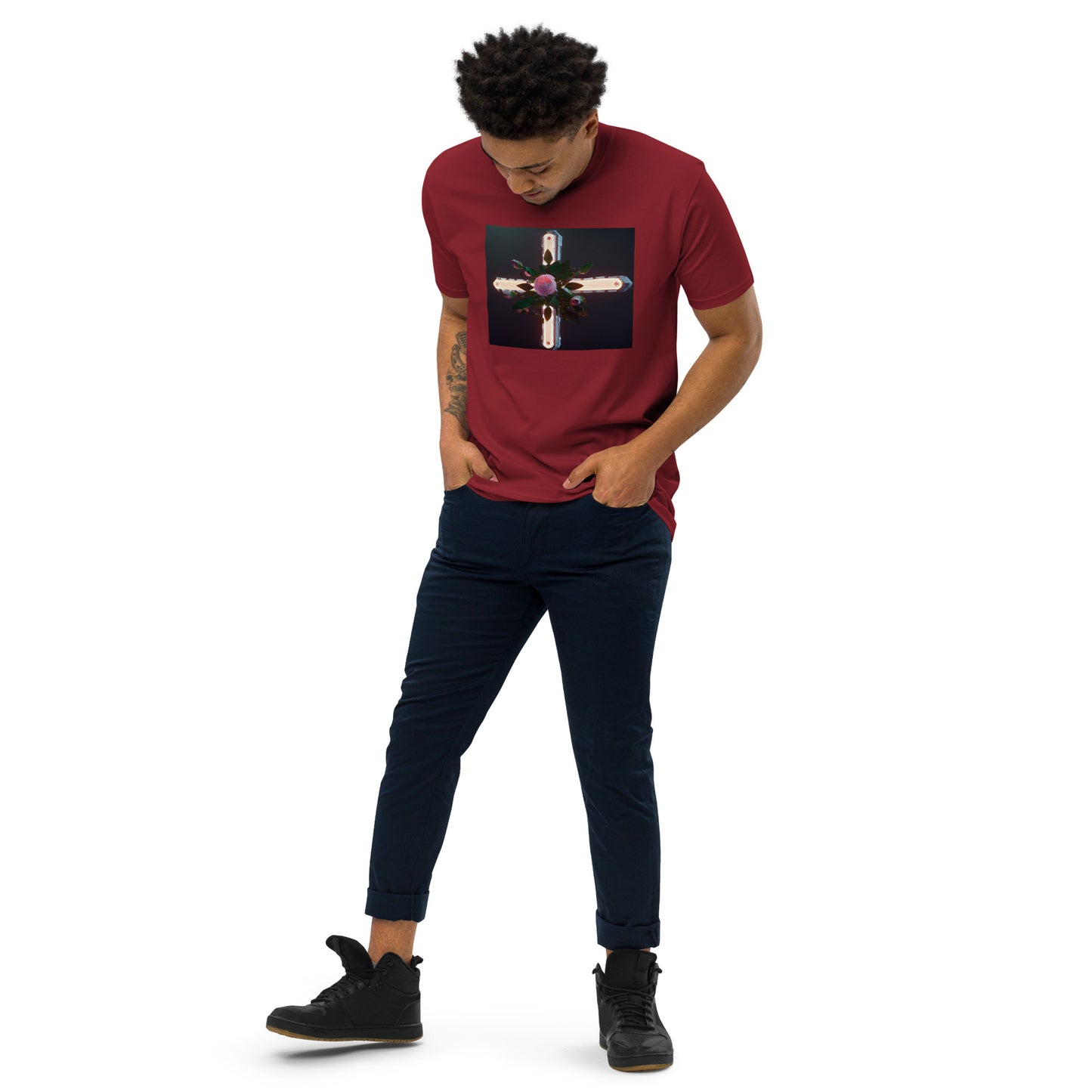 3D Rose Cross- Men’s premium heavyweight tee