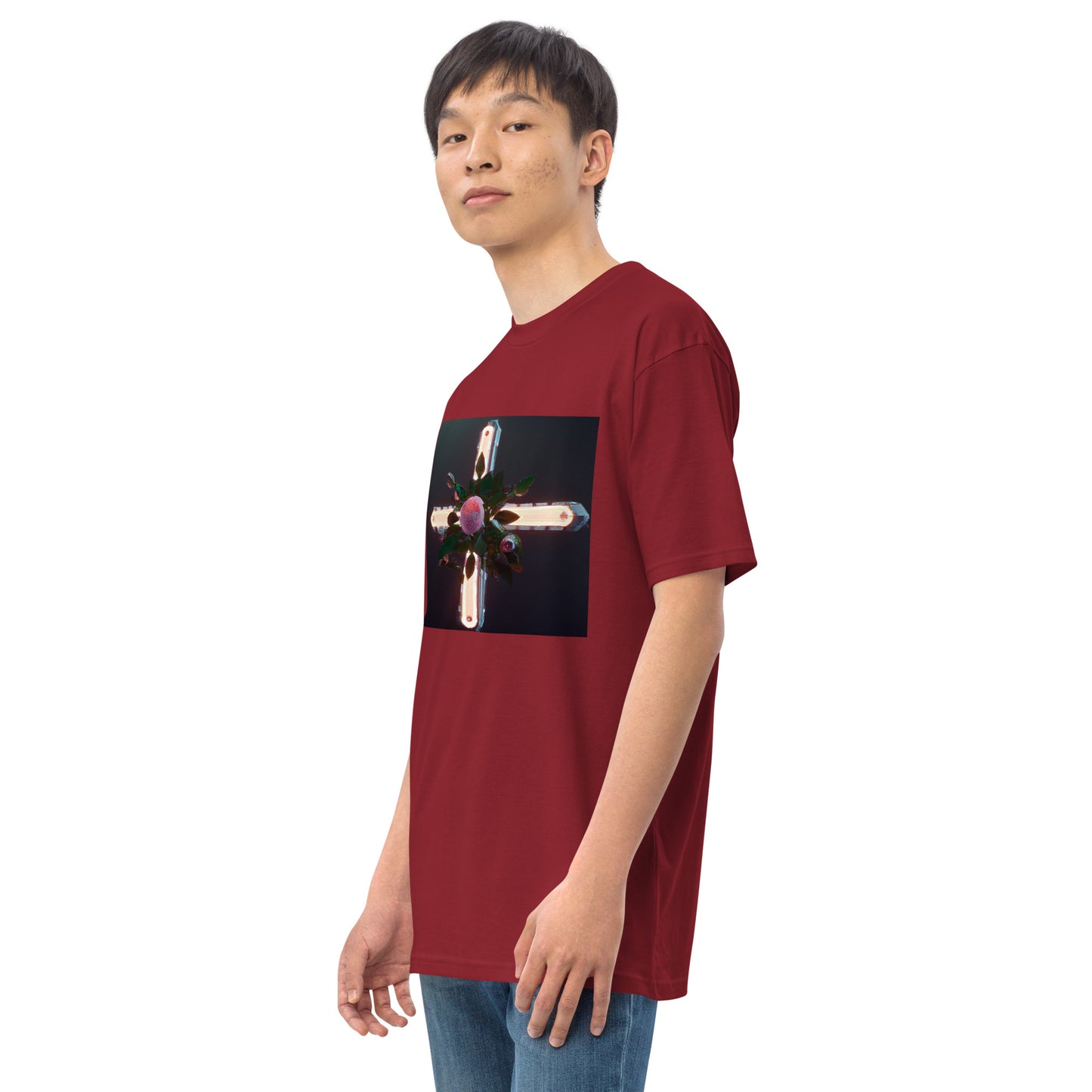 3D Rose Cross- Men’s premium heavyweight tee